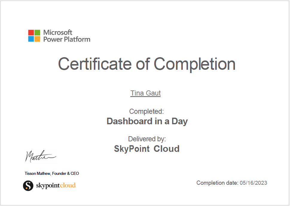 Dashboard in a Day (DIAD) Certificate of Completion