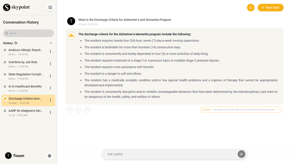 Skypoint AI Platform Copilot - Alzheimer's and Dementia discharge